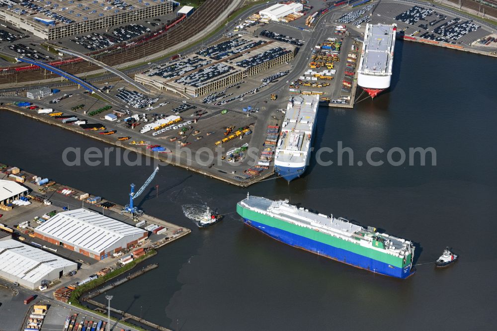 Aerial image Bremerhaven - Ship - specialized vessel Vehicles Carrier RCC ASIA IMO number 9391581 in the port in the district Stadtbremisches Ueberseehafengebiet Bremerhaven in Bremerhaven in the state Bremen, Germany
