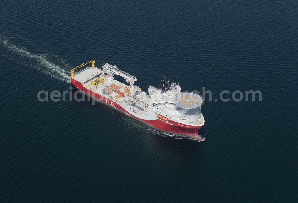Broager from the bird's eye view: Ship - special ship for oil well investigation during journey on the Flensburger Foerde in Broager in Syddanmark, Denmark
