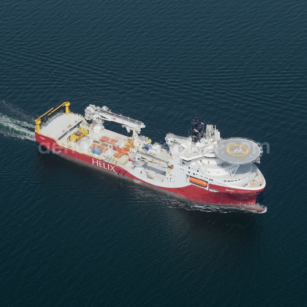 Broager from above - Ship - special ship for oil well investigation during journey on the Flensburger Foerde in Broager in Syddanmark, Denmark