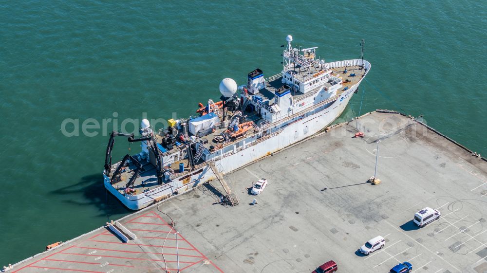 San Francisco from the bird's eye view: Ship - specialized vessel Okeanos Explorer in the port on street Embarcadero Center in San Francisco in California, United States of America