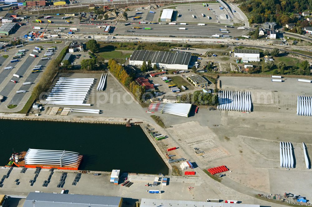 Aerial image Swinemünde - Ship - specialized vessel for transporting wind turbine rotor blades in the port in Swinemuende in West Pomeranian, Poland