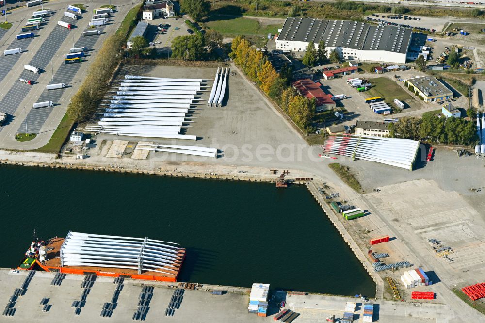 Aerial photograph Swinemünde - Ship - specialized vessel for transporting wind turbine rotor blades in the port in Swinemuende in West Pomeranian, Poland