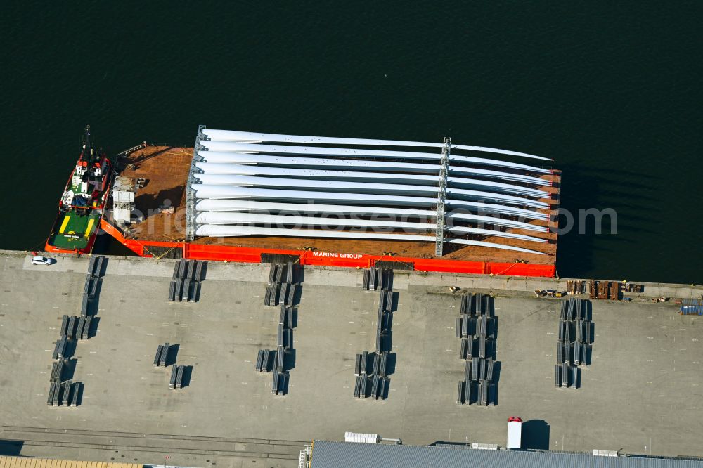 Swinemünde from above - Ship - specialized vessel for transporting wind turbine rotor blades in the port in Swinemuende in West Pomeranian, Poland