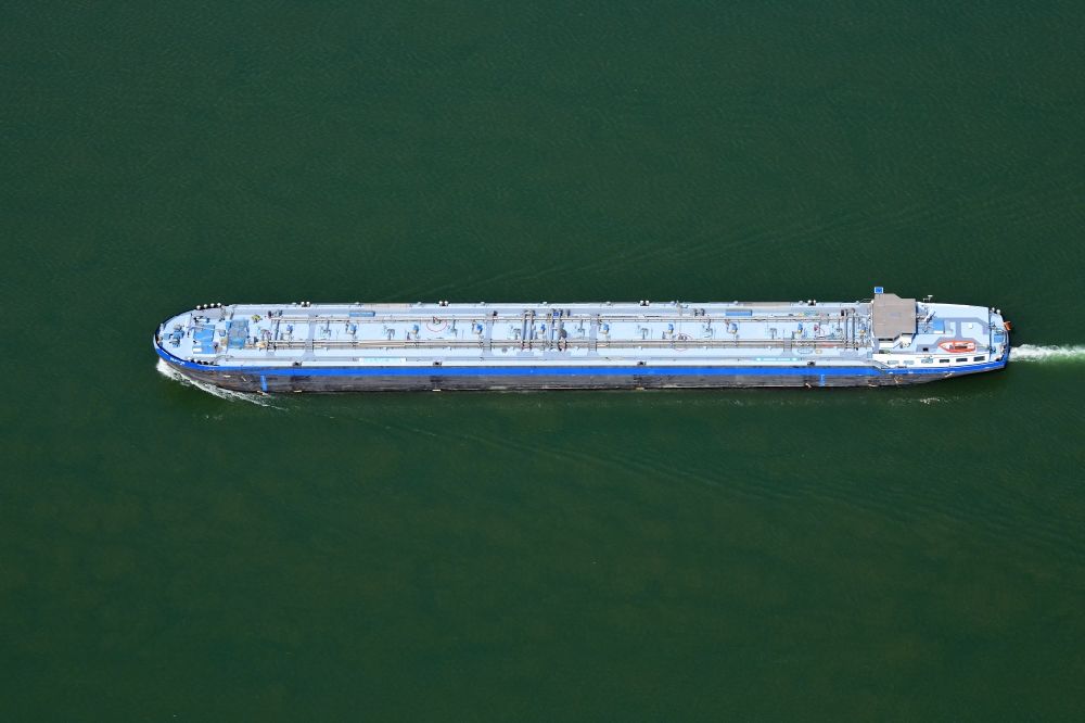 Aerial photograph Weil am Rhein - Tanker ship on the waterway of the river Rhine in Weil am Rhein in the state Baden-Wuerttemberg, Germany