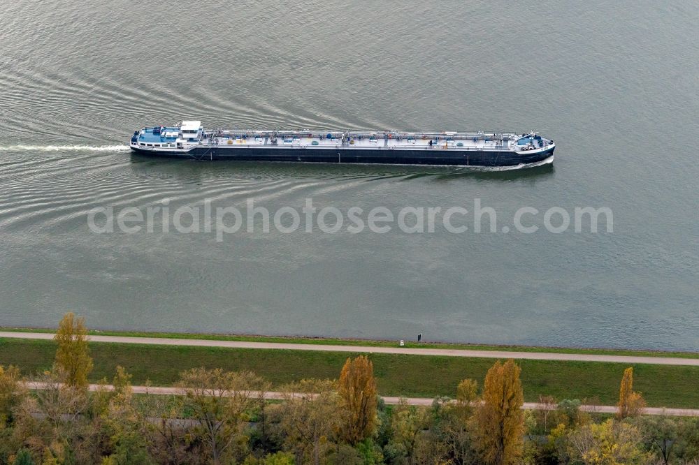 Aerial photograph Eschau - Ships and barge trains inland waterway transport in driving on the waterway of the river Am Rhein in Eschau in Grand Est, France