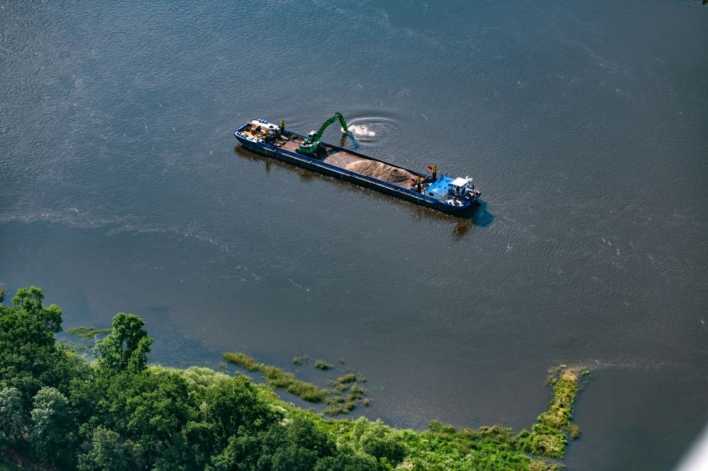 Brambach from the bird's eye view: Inland navigation vessels Genthin with excavators on the waterway of the Elbe river in Brambach in the state Saxony-Anhalt, Germany