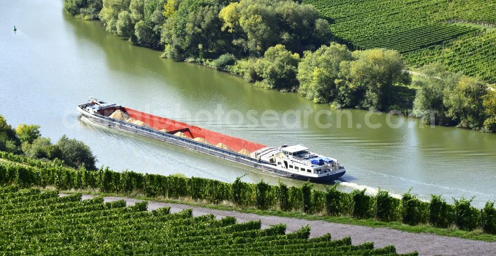 Leiwen from above - Ships and barge trains inland waterway transport in driving on the waterway of the river of Moselle in Leiwen in the state Rhineland-Palatinate, Germany