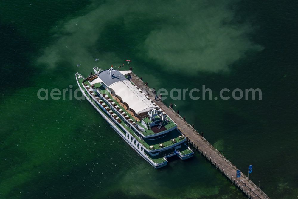 Starnberg from above - The excursion ship Starnberg of the Bavarian Seeschifffahrt GmbH at the pier on Lake Starnberg in Starnberg in the state Bavaria, Germany