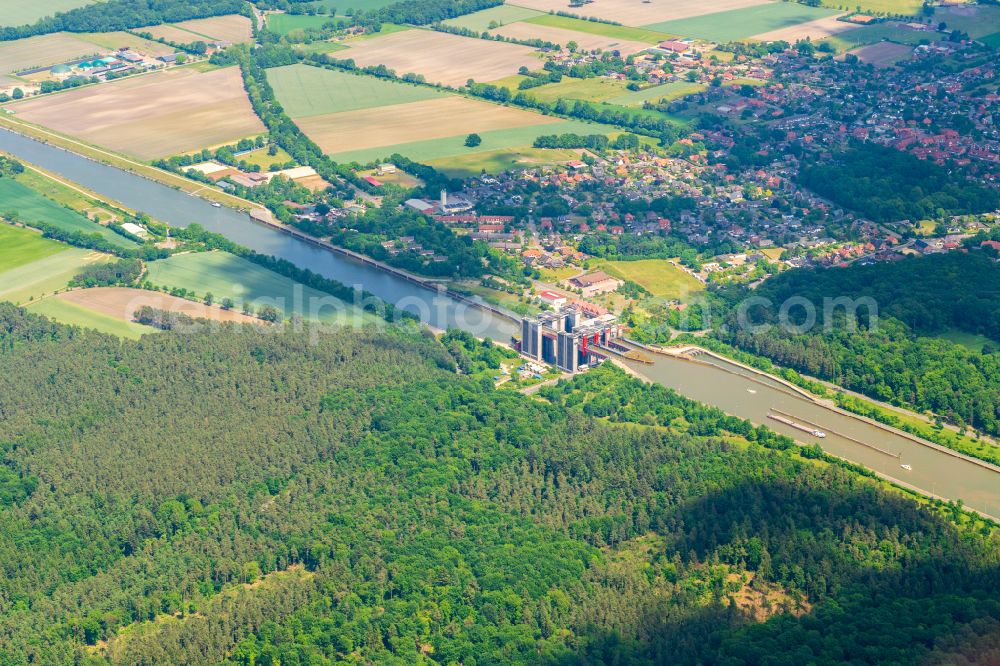 Aerial image Scharnebeck - Boat lift and locks plants on the banks of the waterway of the Elbe-Seitenkanal in Scharnebeck in the state Lower Saxony, Germany
