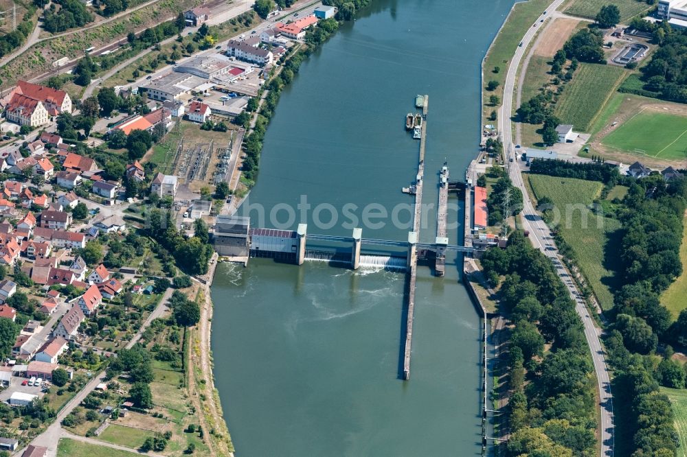 Aerial image Neckarzimmern - Boat lift and locks plants on the banks of the waterway of the Neckar in Neckarzimmern in the state Baden-Wurttemberg, Germany