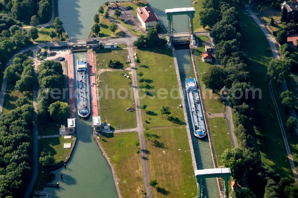 Datteln from above - Boat lift and locks plants on the banks of the waterway of the Wesel-Datteln-Kanals in Datteln in the state North Rhine-Westphalia, Germany