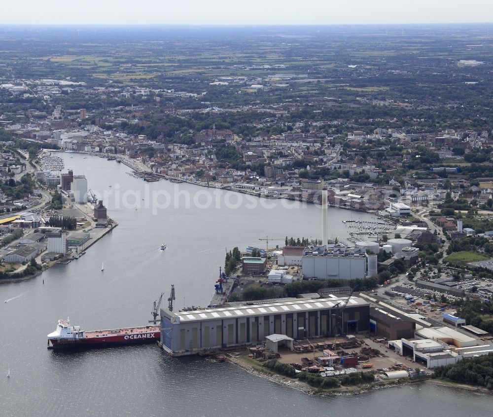 Flensburg from the bird's eye view: Ship building at the outfitting pier Flensburg shipyard in Schleswig-Holstein