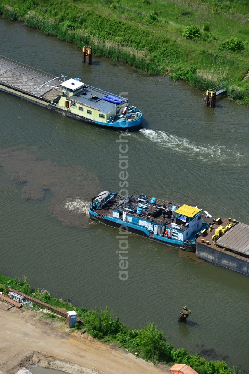 Zerben from above - Ship traffic of convoys in the area of ??Zerben lock on the waterway of the Elbe-Havel Canal in the state of Saxony-Anhalt