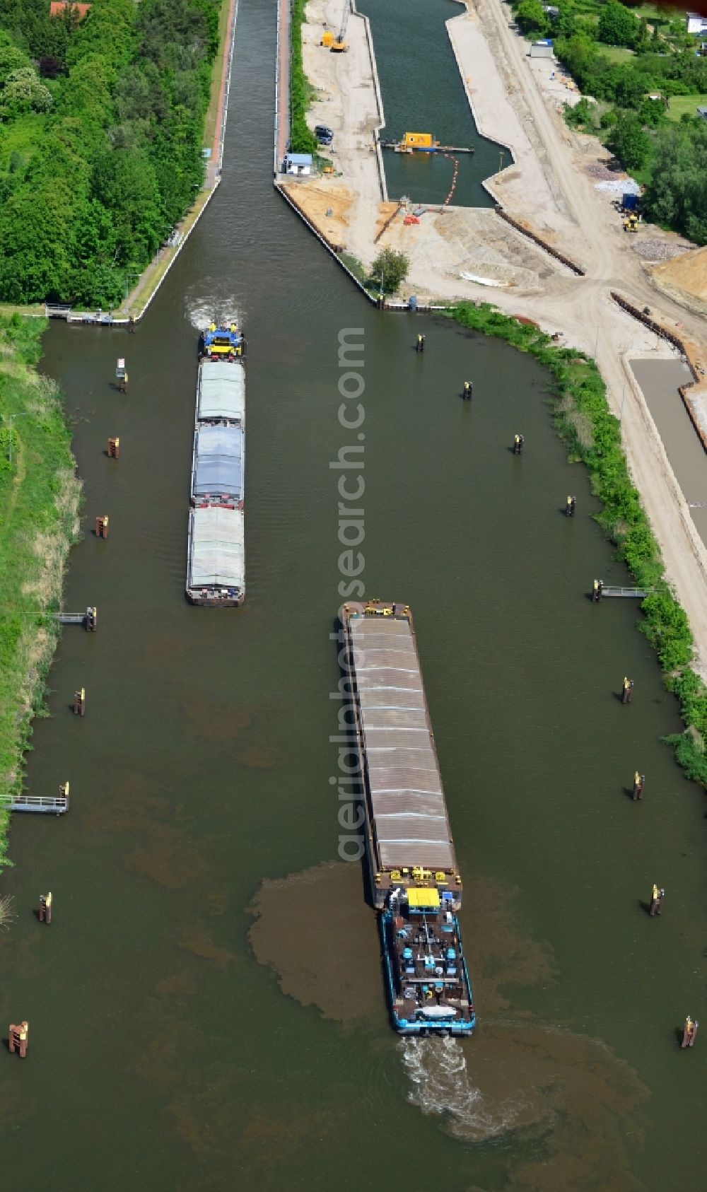 Zerben from above - Ship traffic of convoys in the area of ??Zerben lock on the waterway of the Elbe-Havel Canal in the state of Saxony-Anhalt