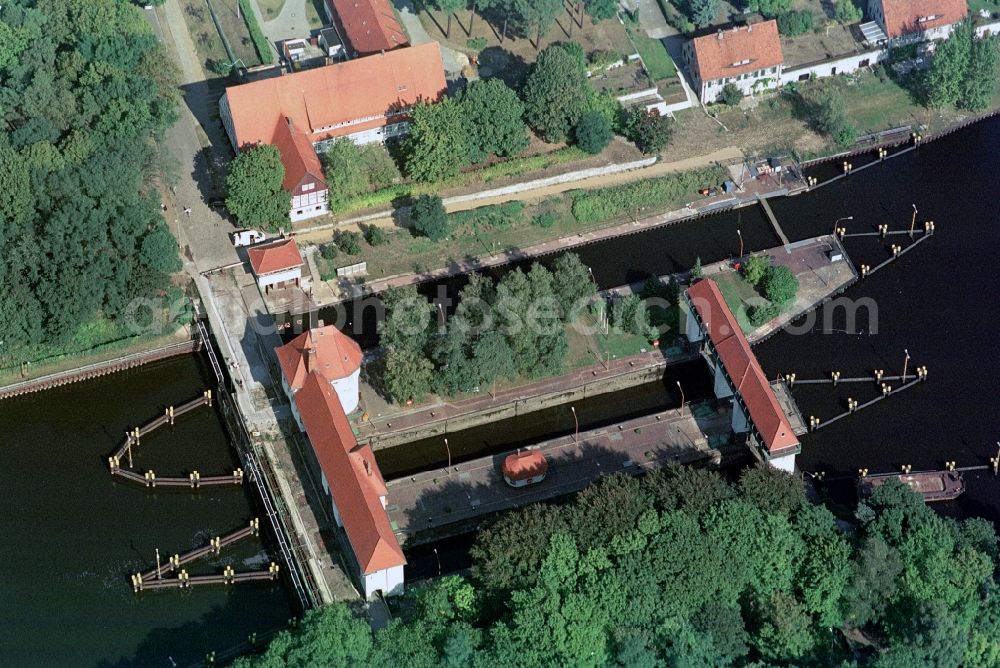 Kleinmachnow from above - The monumental sluice in Kleinmachnow, is the most remarkable building of the Teltow canal. Today it is a sight and a landmarked building