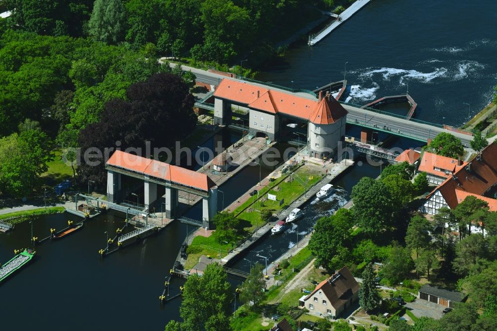 Kleinmachnow from the bird's eye view: The monumental sluice in Kleinmachnow, is the most remarkable building of the Teltow canal