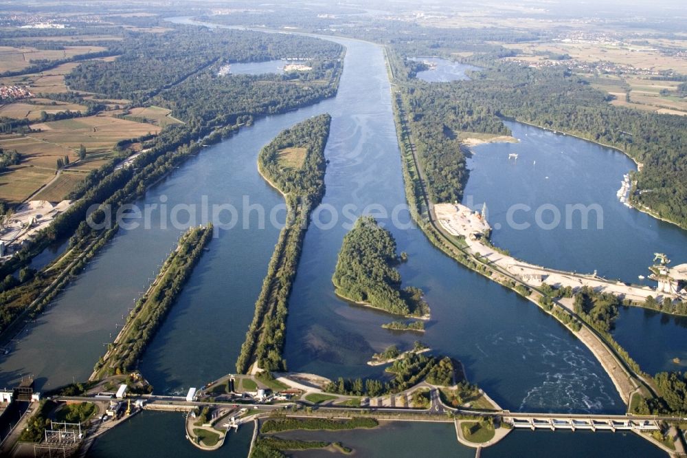 Aerial image Rheinau - Locks - plants and fish staircase on the banks of the waterway of the Rhein between Gambsheim and Freistett in the district Freistett in Rheinau in the state Baden-Wuerttemberg, Germany
