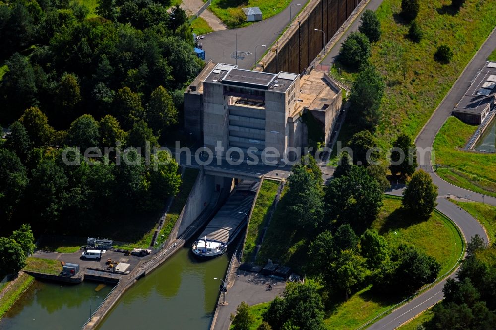 Aerial image Mühlhausen - Locks - plants on the banks of the waterway of the of the river Danube in the district Bachhausen in Muehlhausen in the state Bavaria, Germany