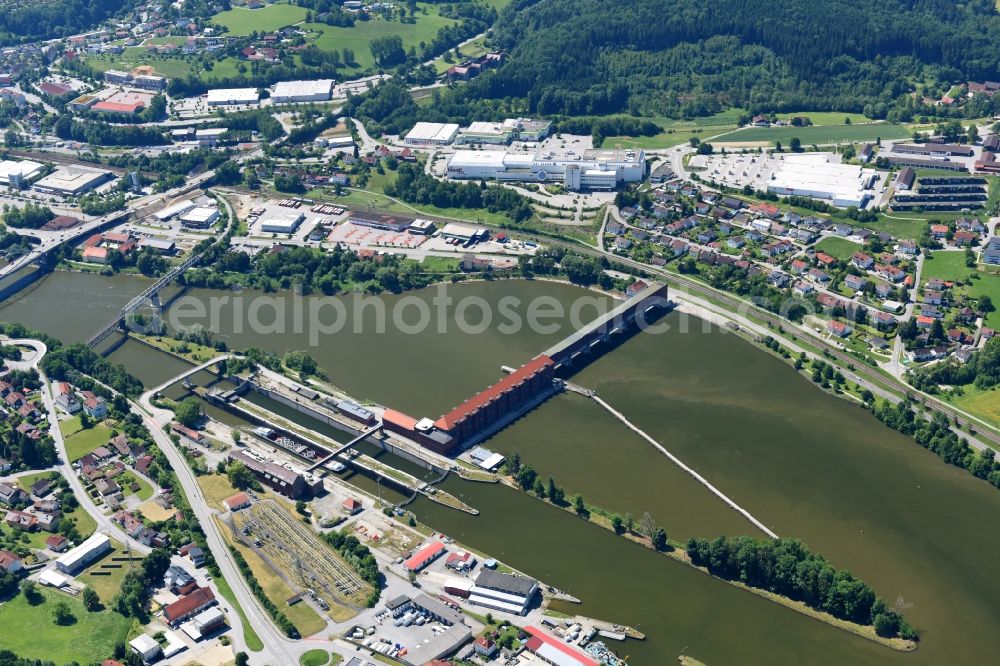 Passau from above - Locks - plants on the banks of the waterway of the Danube in the district Maierhof in Passau in the state Bavaria, Germany