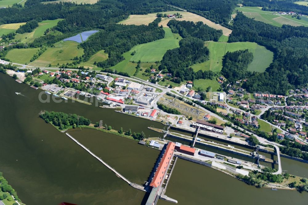 Aerial image Passau - Locks - plants on the banks of the waterway of the Danube in the district Maierhof in Passau in the state Bavaria, Germany
