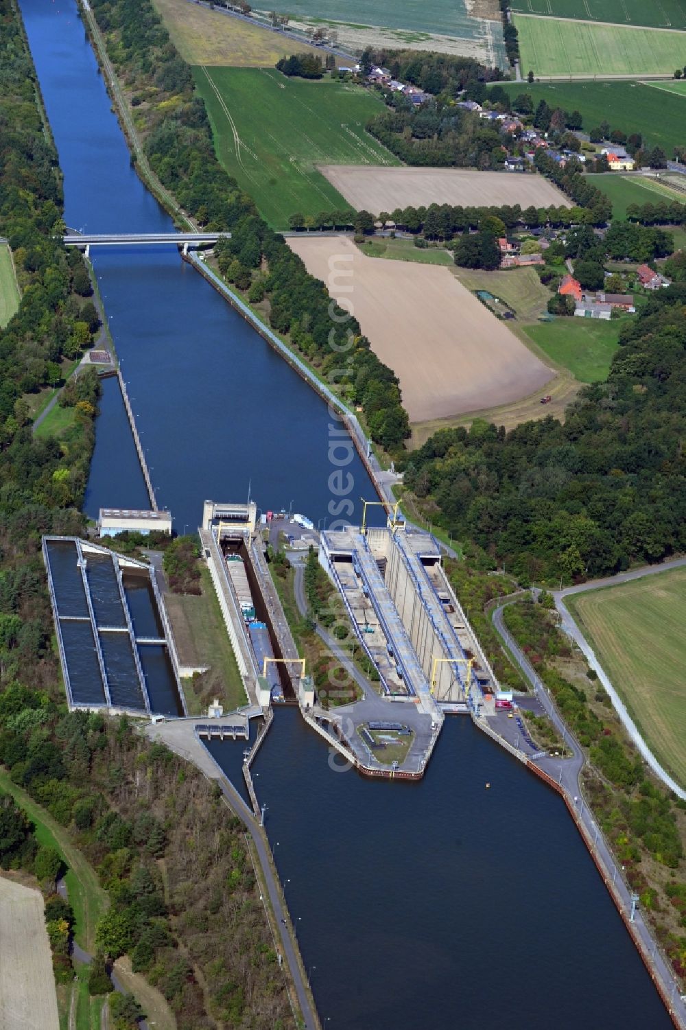 Aerial image Esterholz - Locks - plants on the banks of the waterway of the Elbe-Seitenkanal in Esterholz in the state Lower Saxony, Germany