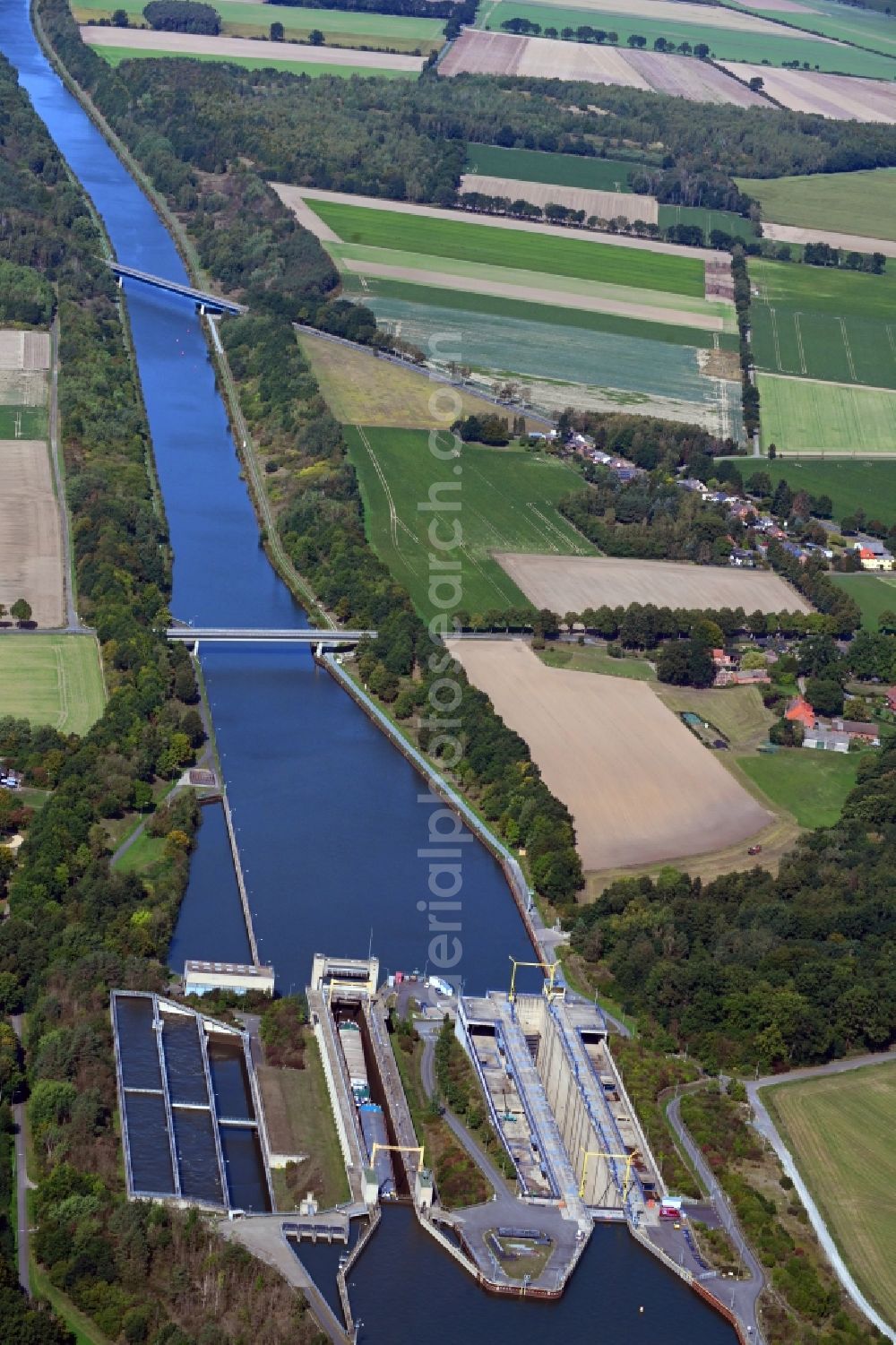 Aerial photograph Esterholz - Locks - plants on the banks of the waterway of the Elbe-Seitenkanal in Esterholz in the state Lower Saxony, Germany