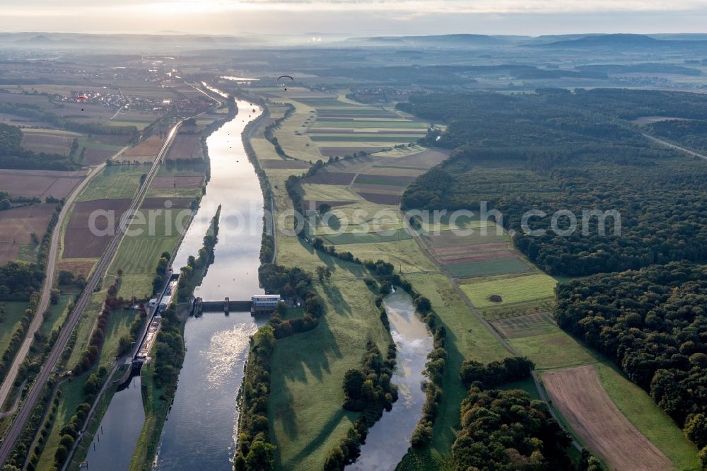 Aerial image Gädheim - Locks - plants on the banks of the waterway of the Main in Gaedheim in the state Bavaria