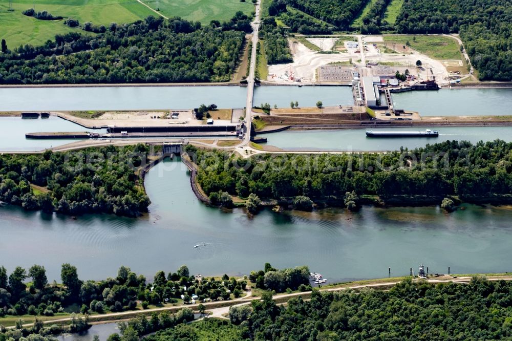 Aerial image Gerstheim - Locks - plants on the banks of the waterway of the and Grenze zu Frankreich in Gerstheim in Grand Est, France