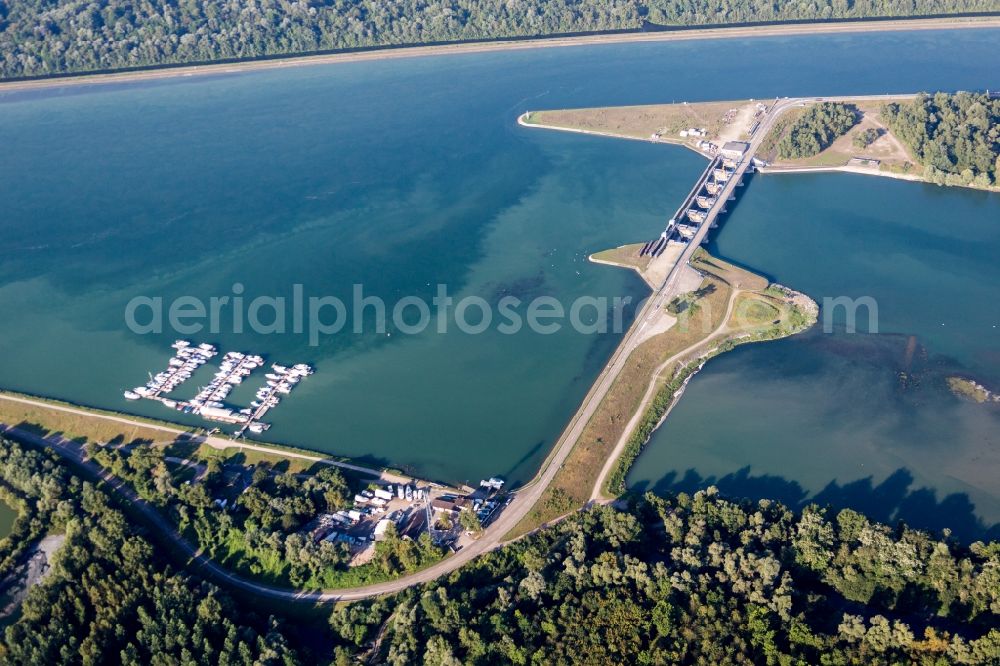 Aerial image Schwanau - Locks - plants on the banks of the waterway of the of Rhein and Yachtclub Lahr in Schwanau in the state Baden-Wurttemberg, Germany