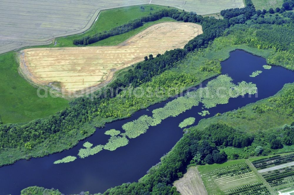 Potsdam from the bird's eye view: Schlänitzsee with reeds lying next to fields in the north west of Potsdam in Brandenburg. The lake is a widening of the river Wublitz and is located in the nature reserve area Upper Wublitz