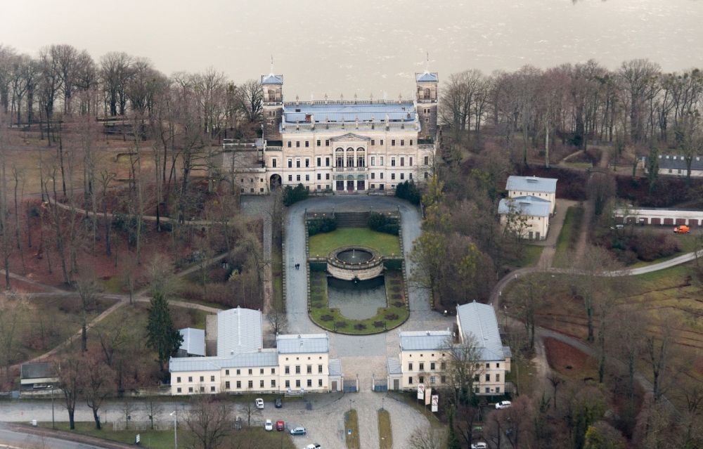 Aerial image Dresden - View of Albrechtsberg Palace and it's castle grounds in Dresden in the state Saxony. The Elbschloss is located on the Elbhang in the district Loschwitz on the Bautzner Strasse