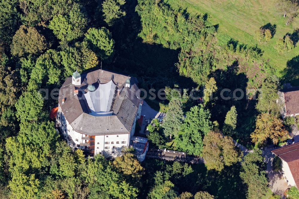 Amerang from the bird's eye view: Schloss Amerang in the district Rosenheim in Bayern. The medieval round castle from the Renaissance is protected. It serves as a hotel, restaurant and venue