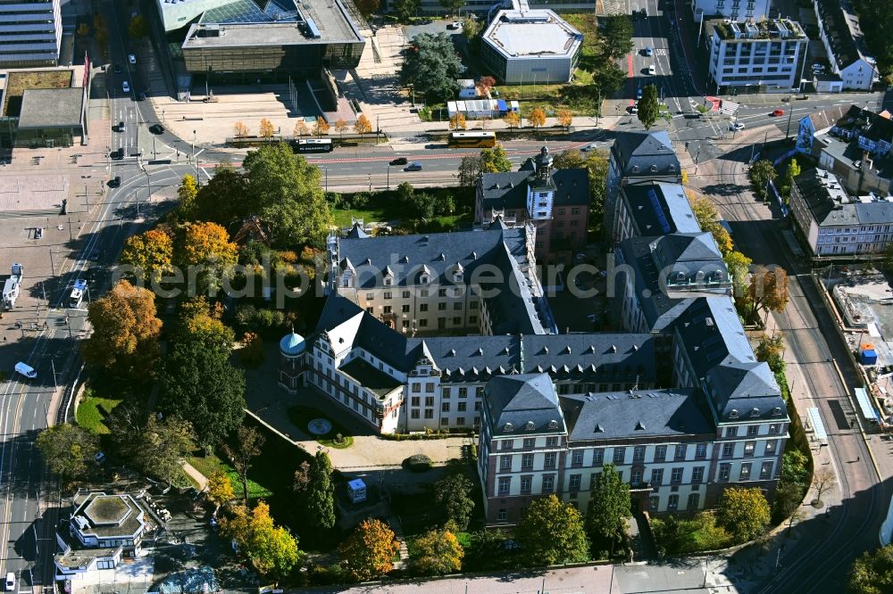 Darmstadt from the bird's eye view: Palace complex of the Residenzschloss between Friedensplatz and Marktplatz in Darmstadt in the state Hesse, Germany