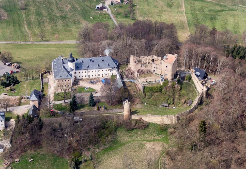 Frauenstein from the bird's eye view: The Frauenstein palace and the ruin of the Frauenstein castle in the city Frauenstein in saxony