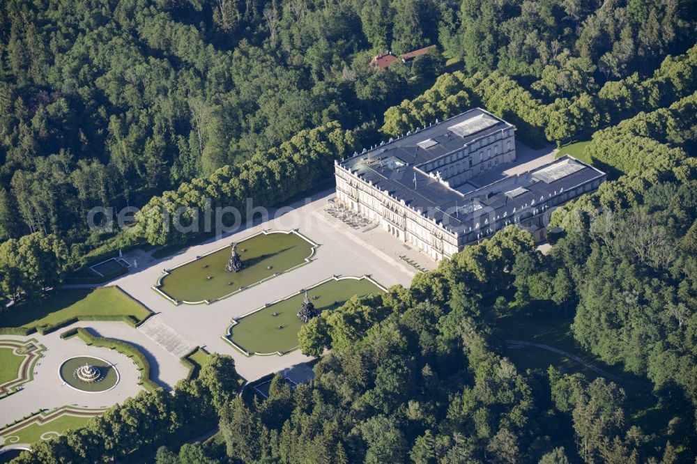 Chiemsee from the bird's eye view: New Palace Herrenchiemsee with building complex and palace park on the island of Herrenchiemsee in the state Bavaria, Germany