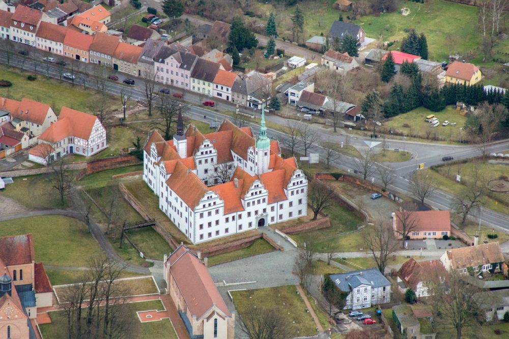 Aerial photograph Doberlug-Kirchhain - The castle, completed in the Renaissance style in the second half of the 17th century, symbolizing the year, because it consists of an entrance gate (year), twelve gables (months), fifty-two rooms (weeks) and three hundred sixty five windows (days)