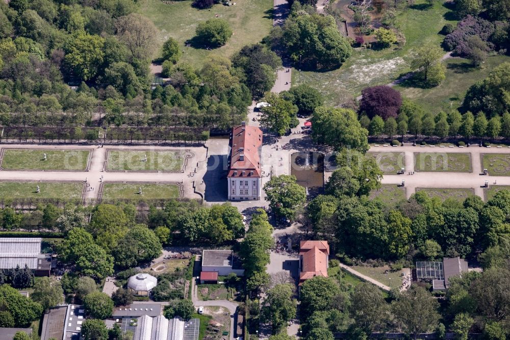 Aerial image Berlin - Palace Schloss Friedrichsfelde in the Tierpark zoo in the Friedrichsfelde neighborhood of the district of Lichtenberg in Berlin, Germany. The castle is located in the Northeastern corner of the park