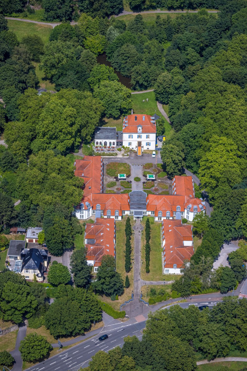 Castrop-Rauxel from above - Building complex in the park of the castle Haus Goldschmieding on street Dortmunder Strasse in Castrop-Rauxel at Ruhrgebiet in the state North Rhine-Westphalia, Germany