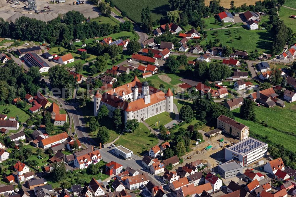 Höchstädt from above - Schloss Hoechstaedt on the Danube in the state Bavaria. The monument is regarded as a valuable building of the German late Renaissance, today it houses the Museum Deutscher Fayencen