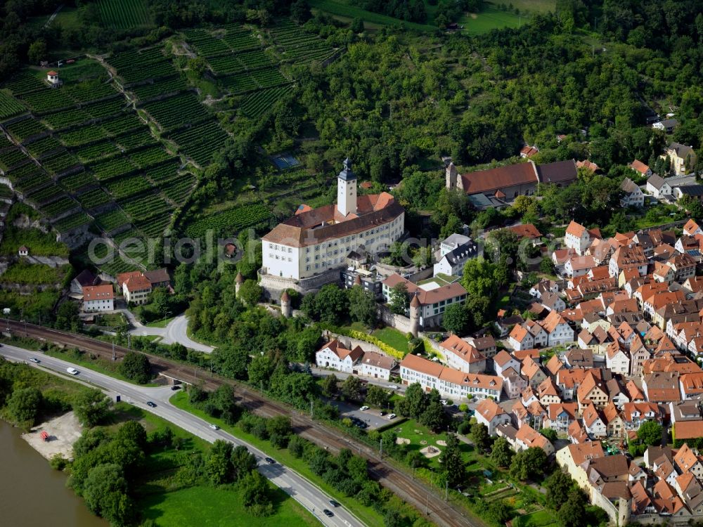 Aerial image Gundelsheim - Castle Horneck in Gundelsheim in the state of Baden-Württemberg. The building was originally a fortress overlooking the river Neckar. It was then used as a monastery and finally refurbished in the 18th century and converted to a baroque style castle. Today it is used by the Transylvanian Saxons