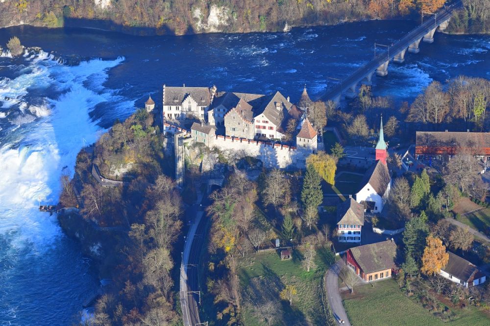 Aerial image Neuhausen am Rheinfall - Natural spectacle of the waterfall and Castle Laufen in the rocky landscape Rheinfall in Neuhausen am Rheinfall in the canton Schaffhausen, Switzerland