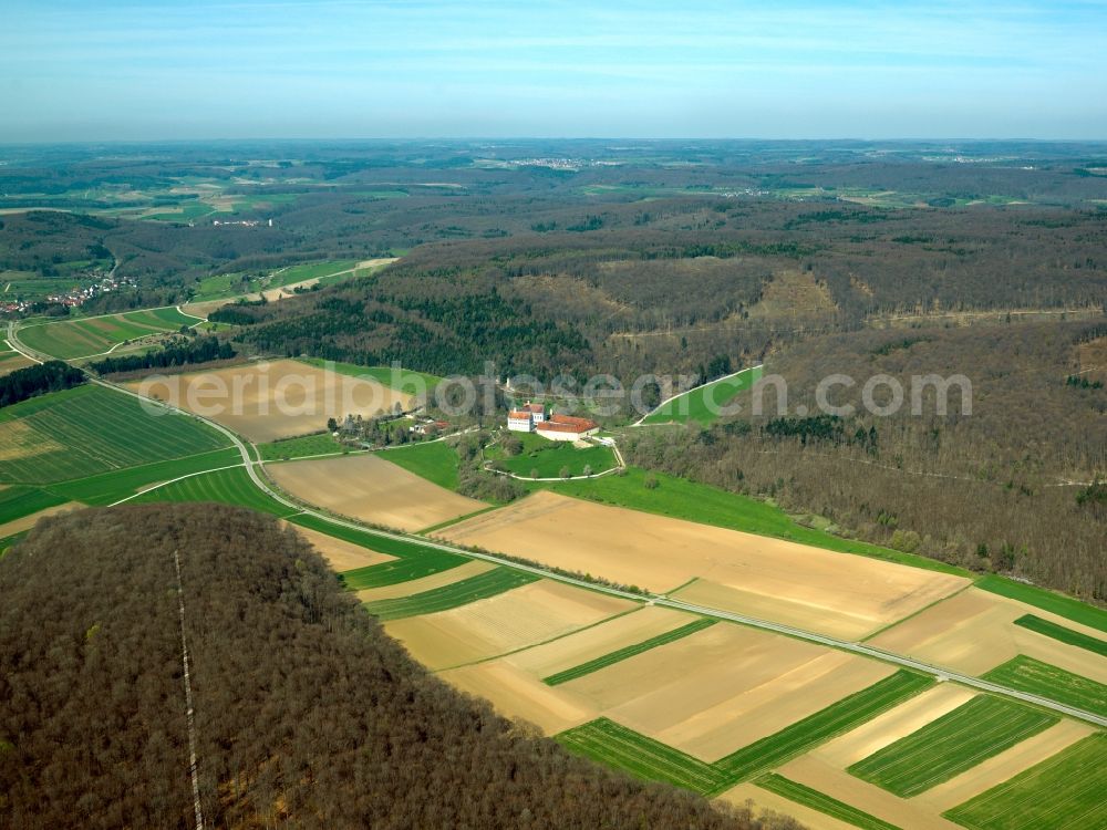 Aerial image Ehingen - Castle Mochental in the Kirchener Valley in the area of the district town Ehingen in the state of Baden-Württemberg. The Renaissance style castle is located above the river Danube on the Southern end of the Swabian Alb. The compound consists of the three winged castle and a farm. It is on site since 1000 and was used in the 19th and 20th century as a forestry office, a government seat and boarding school. Today it is home to the fine art gallery Ewald Schrade