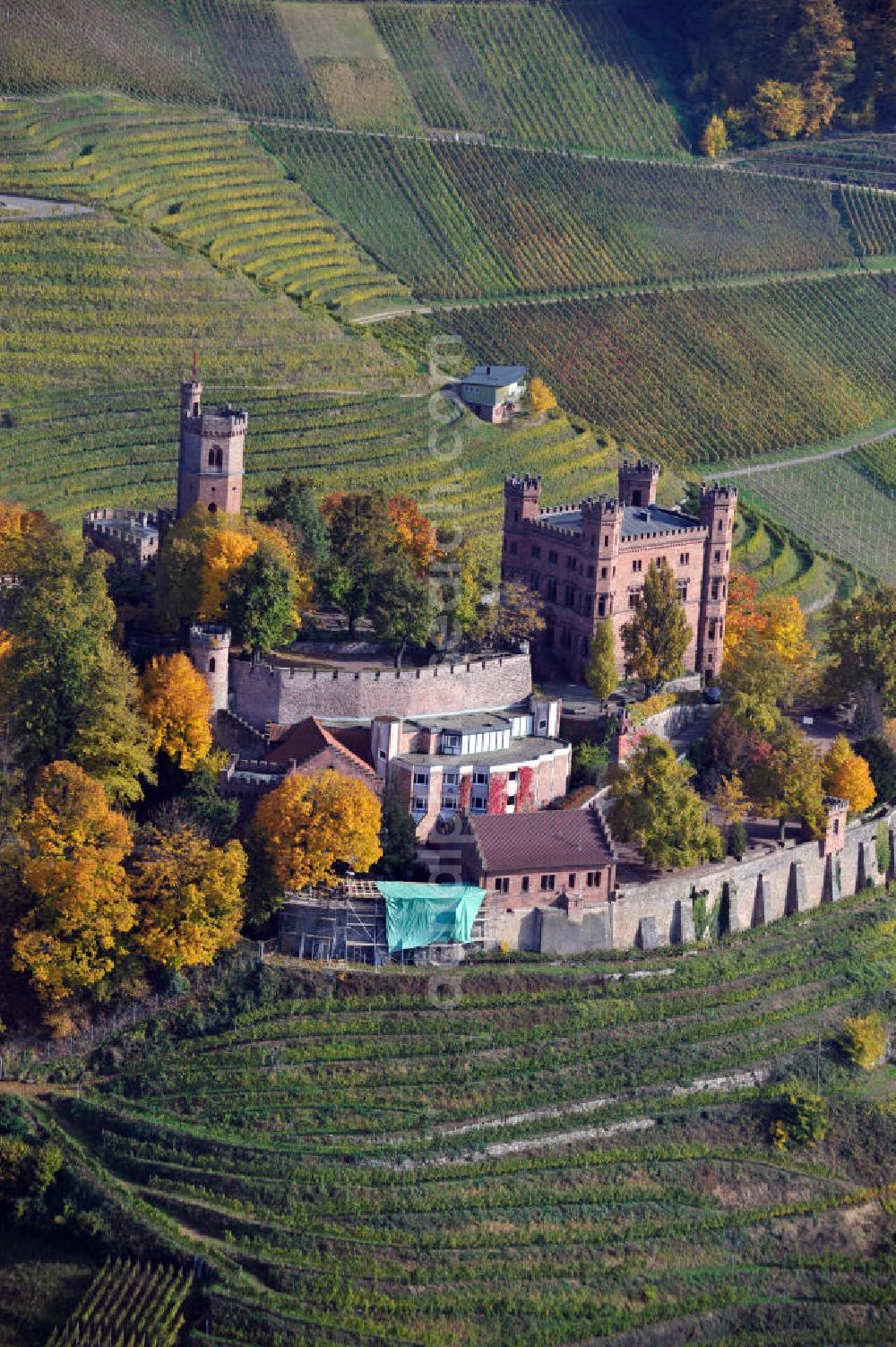 Aerial image Ortenberg - Das Schloß Ortenberg ist das Wahrzeichen der Ortenau. Es liegt auf einem Weinberg. The castle Ortenberg is the emblem of the region Ortenau. It is located in a vineyard.