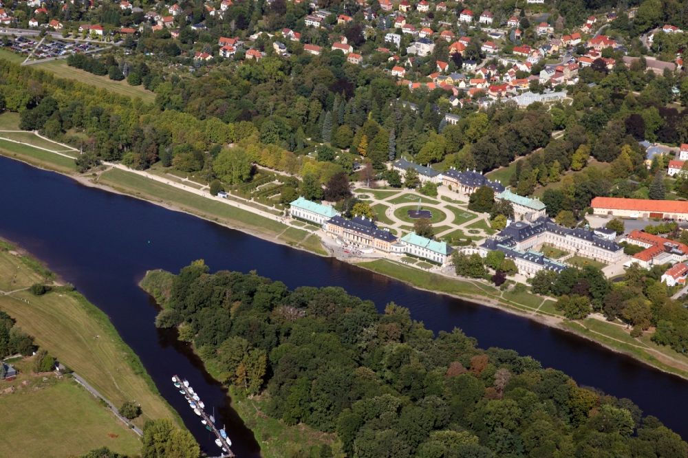 Dresden from above - View of the buildings and the area of Pillnitz Castle on the Elbe in Dresden in the state Saxony. It is located in the district Pillnitz with the adjacent castle garden