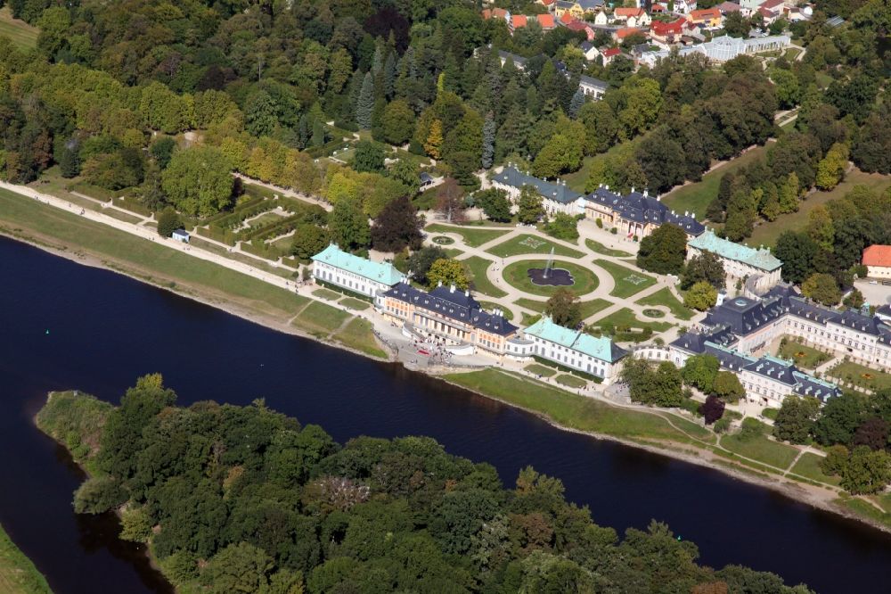 Dresden from the bird's eye view: View of the buildings and the area of Pillnitz Castle on the Elbe in Dresden in the state Saxony. It is located in the district Pillnitz with the adjacent castle garden