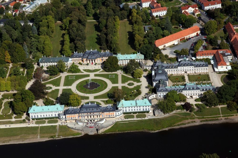 Dresden from the bird's eye view: View of the buildings and the area of Pillnitz Castle on the Elbe in Dresden in the state Saxony. It is located in the district Pillnitz with the adjacent castle garden