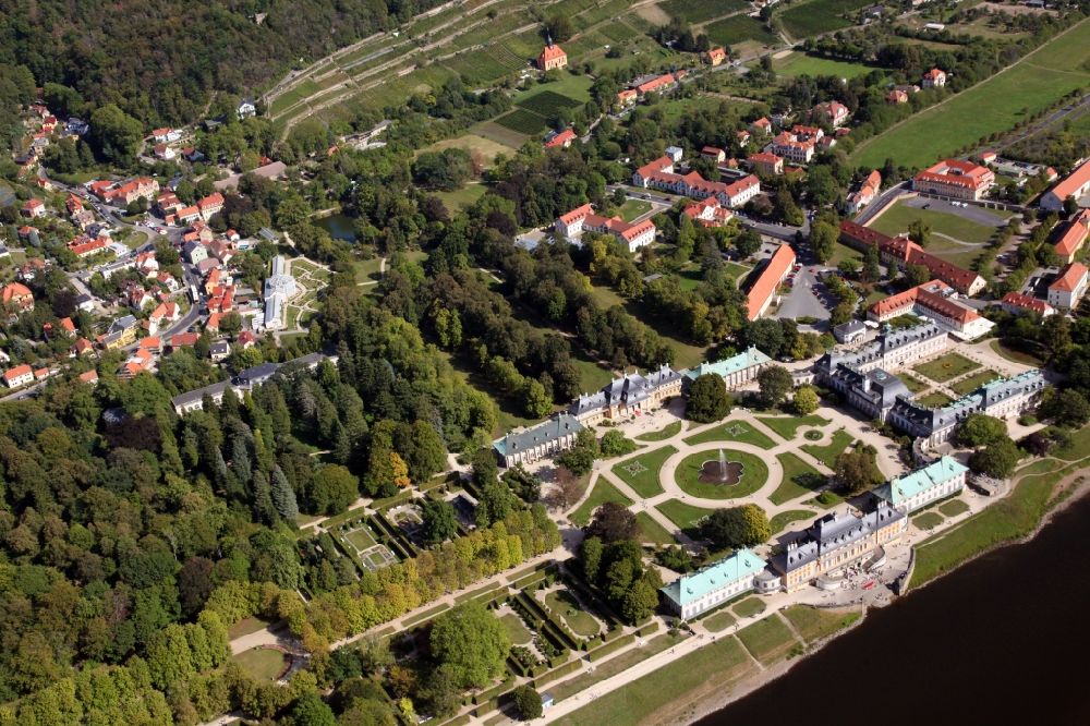 Aerial photograph Dresden - View of the buildings and the area of Pillnitz Castle on the Elbe in Dresden in the state Saxony. It is located in the district Pillnitz with the adjacent castle garden