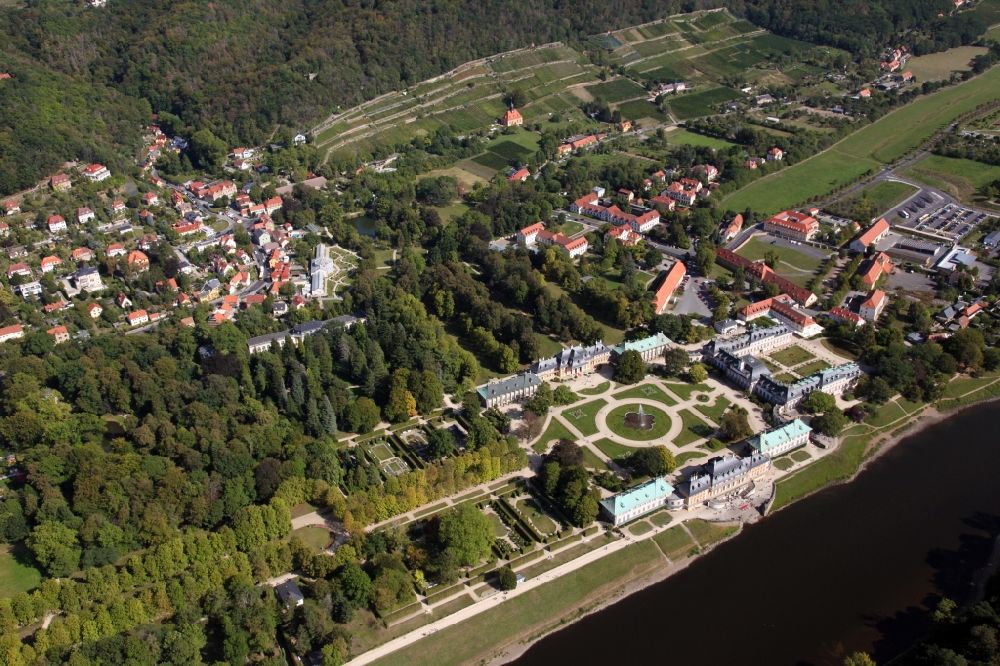 Dresden from above - View of the buildings and the area of Pillnitz Castle on the Elbe in Dresden in the state Saxony. It is located in the district Pillnitz with the adjacent castle garden