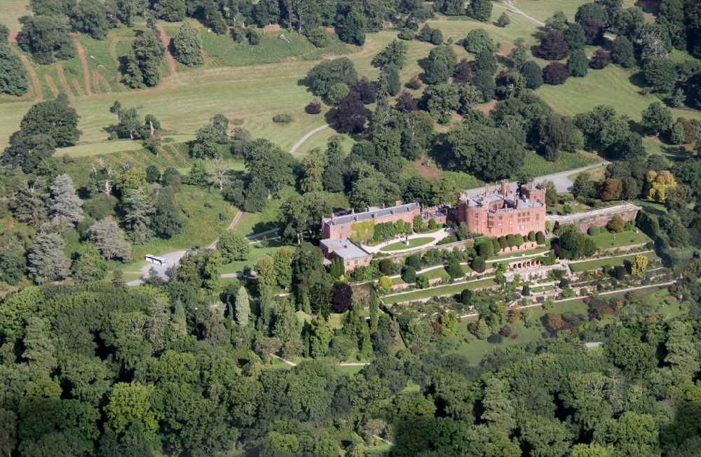 Aerial photograph Welshpool - Powis Castle in Welshpool in Wales, United Kingdom. Powis Castle (Welsh: Castell Powis) is located above the River Severn near the town of Welshpool, in Powys, Wales. The medieval castle is the National Trust since 1952 in possession. It is one of the best preserved in Wales and known for its baroque gardens