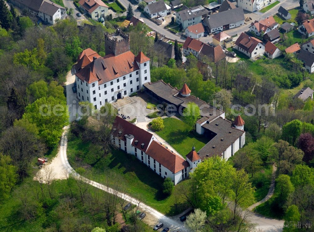 Günzburg from above - Reisensburg Castle at Günzburg in the state of Bavaria. The castle is located on the Danube and is based on a former fortress. Today it belongs to the University of Ulm